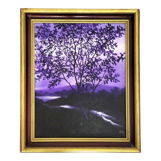Vintage American 20th C Framed Oil Painting Nocturnal Landscape River & Forest For Sale