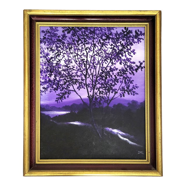 Vintage American 20th C Framed Oil Painting Nocturnal Landscape River & Forest For Sale