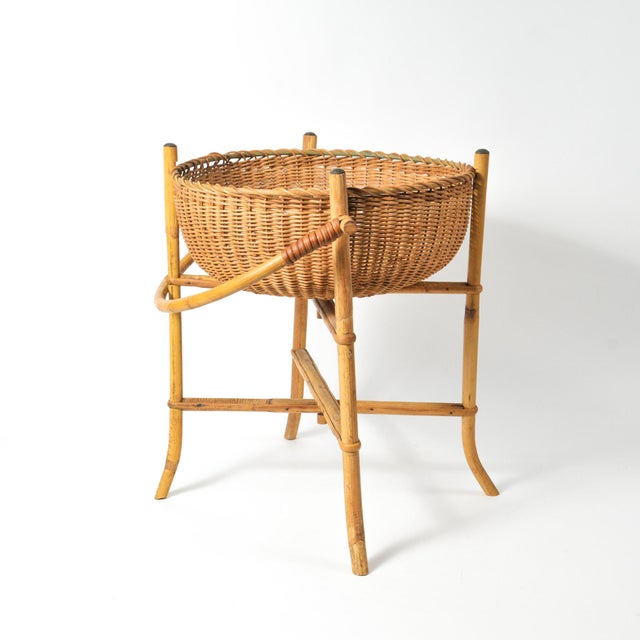 Mid 20th Century Mid 20th Century Folding Bamboo Flower/Herb/Fruit Gathering Basket With Stand For Sale - Image 5 of 7