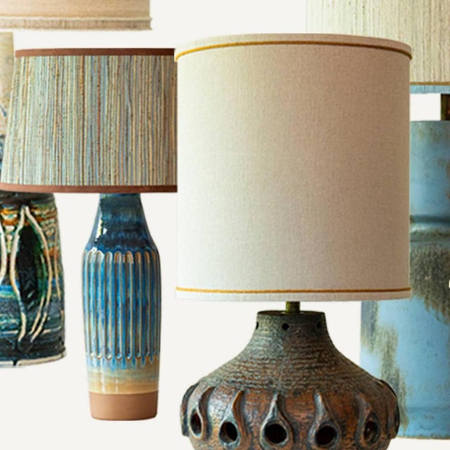 Beige Blue Brown Ceramic Table Lamp with Silk Lamp Shades attributed to R. Houben, 1970 For Sale - Image 8 of 17