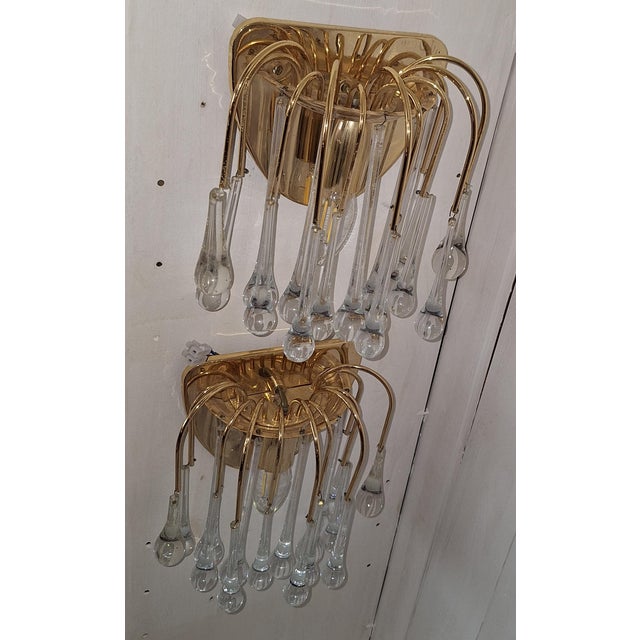 Vintage Wall Lamps with Gold-Plated Brass Brackets and Crystal Glass Drop Pendants, 1970s, Set of 2 For Sale - Image 6 of 9