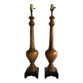 1960s Wooden Lamps on Black Wood Base - A Pair For Sale