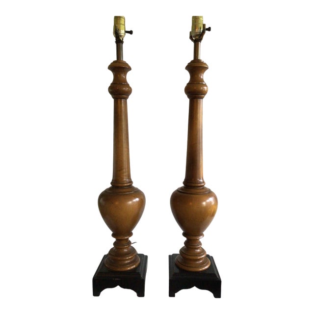 1960s Wooden Lamps on Black Wood Base - A Pair For Sale