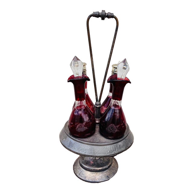 Late 1800s 4 Piece Ruby Etched Glass Cruet Set and Silver Plated Rotating Stand For Sale
