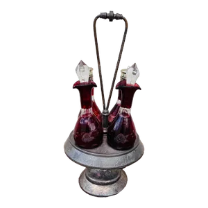 Late 1800s 4 Piece Ruby Etched Glass Cruet Set and Silver Plated Rotating Stand