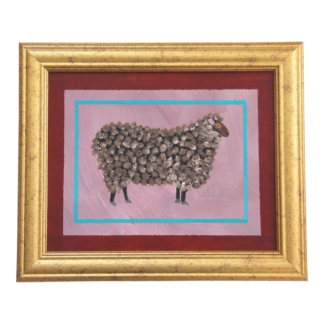 Sheep Minimalism Folk Art Americana Brown Mauve Burgundy Original Oil Painting by Cleo Plowden For Sale