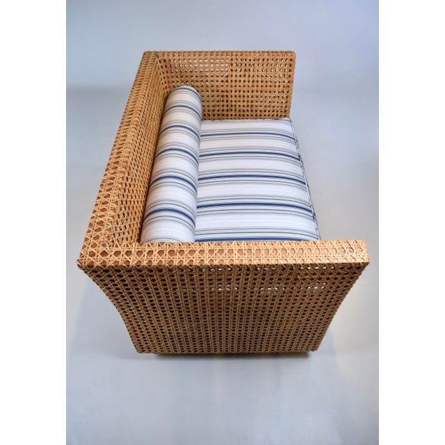 Modern Caned Teak Rattan Loveseat in Blue and White Sunbrella Fabric For Sale In Philadelphia - Image 6 of 15
