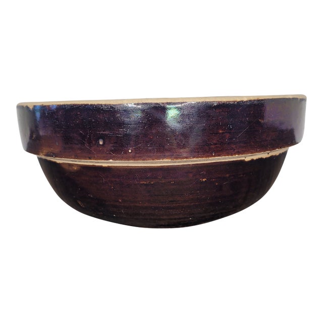 Antique 19th Century Iridescent Albany Slip Stoneware Mixing Bowl For Sale