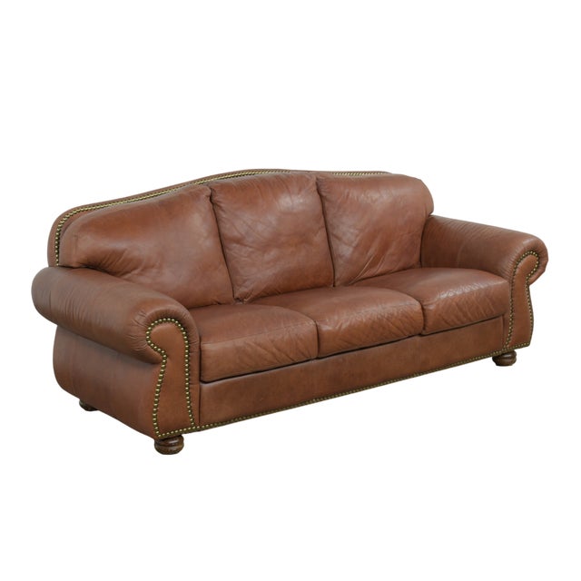 Traditional Chateau D’Ax Italian Leather Sofa With Nailhead Trim For Sale - Image 3 of 8