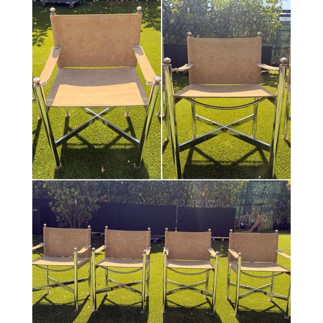 Vintage Campaign Maison Jansen Style, Pace Chrome Table & Director Arm Chairs, Suede Leather Chrome and Brass C. 1970s For Sale In Miami - Image 6 of 12