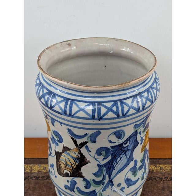 Ceramic 18th Century Sicilian Caltagirone Tin-Glazed Albarello with Fish Decoration For Sale - Image 7 of 13