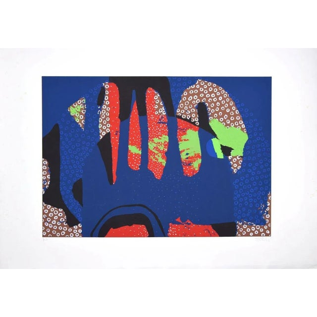 Image dimensions: 35x50 cm. Blue composition is a colored screen print on Fabriano watermarked paper, realized in 1975 by...