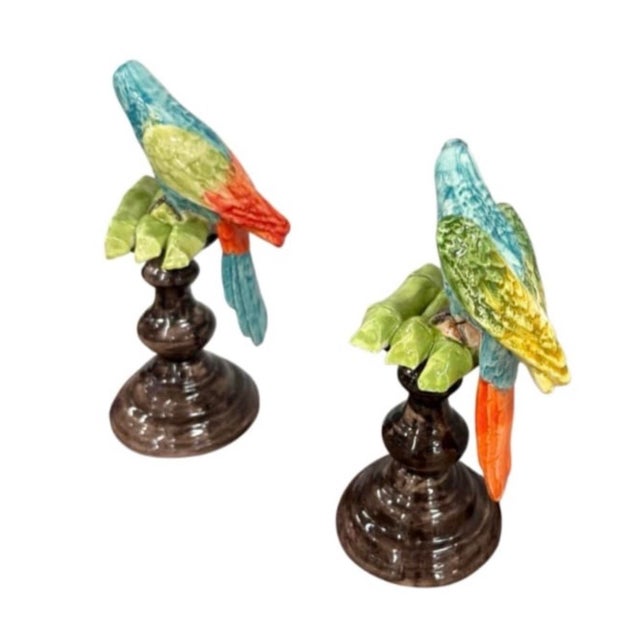 Pair of Italian Majolica Ceramic Parrot Sculptures on Pedestals For Sale - Image 4 of 12