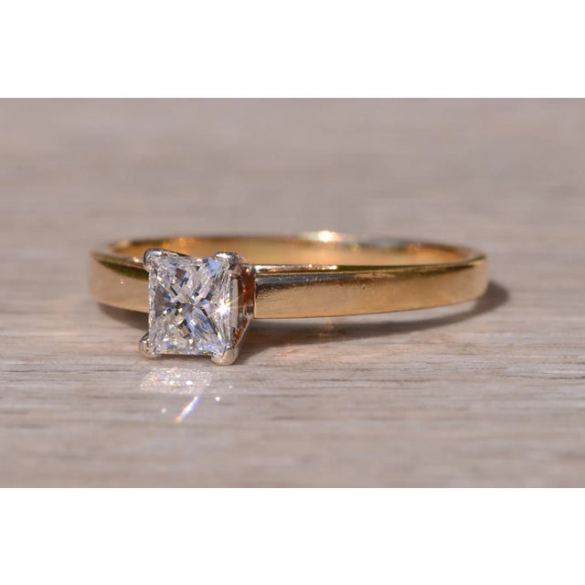 The Mentone: Signed Yellow Gold Solitaire Engagement Ring with Princess Cut Natural Diamond For Sale - Image 4 of 10