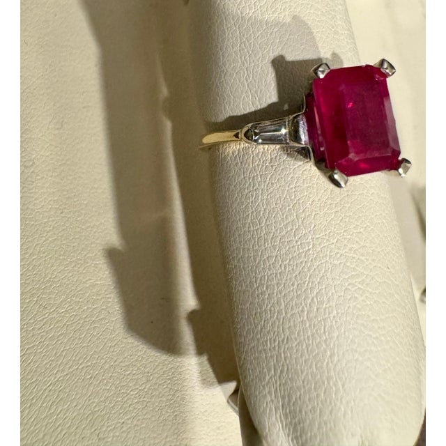 Arts & Crafts 2.5 Ct Emerald Cut Treated Ruby & 0.15 ct Diamond Ring 14 Kt White Gold Size 5 For Sale - Image 3 of 18
