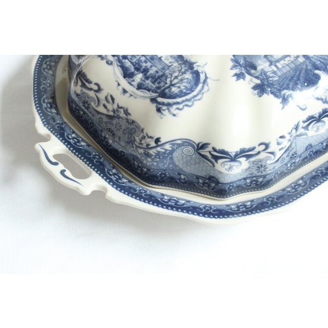 Flow Blue Style Ironstone Vegetable Dish with lid. Elegant vintage decorative blue and white pallet. Stamped verso...
