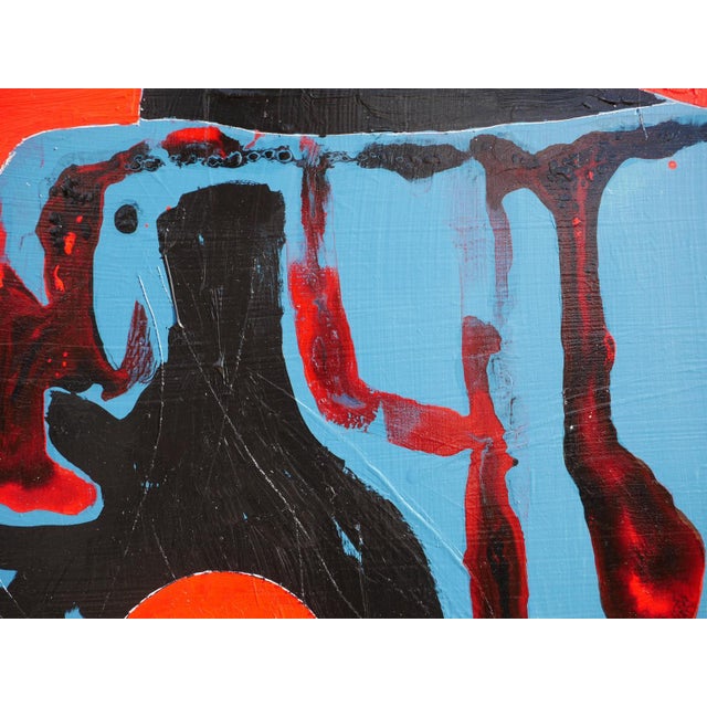 Blue and red geometric abstract painting by Houston, Texas artist Paul Reeves. The work features a variety of flowy and...