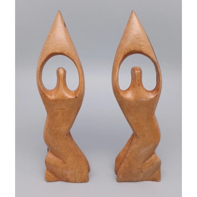 Vintage Wood Abstract Women Kneeling Sculpture Bookends For Sale - Image 4 of 4