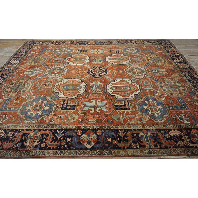 1880s Red Geometric Rustic Nw. Persian Heriz Rug 10'4" X 12'7" Handknotted Wool Carpet For Sale - Image 4 of 7