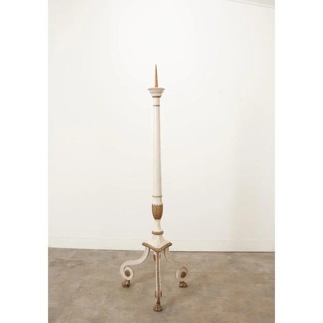 Dimensions: 78” H x 27 ½” W x 27 ½” D A large, hand-carved and painted French pricket floor candlestick (also called a...
