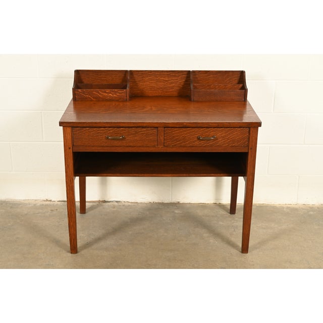 A rare and exceptional antique Mission oak Arts & Crafts writing desk or postcard desk By Gustav Stickley (original label...