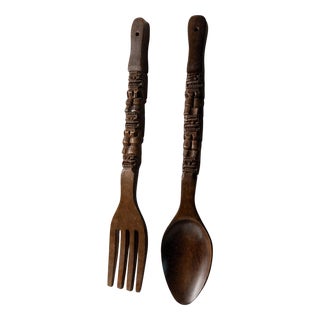 Vintage Italian Folk Art Sculptural Handcarved Wood Fork and Spoon, 1960s, Set of 2 For Sale
