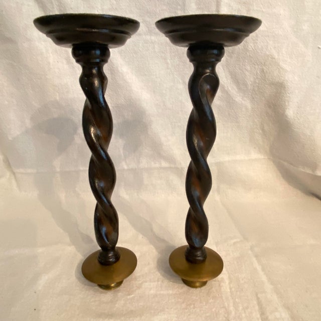 English Barley Twists Wood & Brass Holder Candle Sticks-Set of 2 For Sale In Sacramento - Image 6 of 11