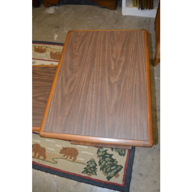 This 3 piece set by Lane is in great shape overall. Teak with a melamine look / woodgrain top. End tables measure 27 1/2"...