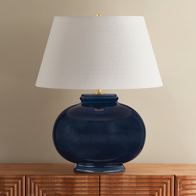 Ceramic Hudson Valley Lighting Moodus 20 in. 1 Light Table Lamp in Aged Brass and Ceramic Parrish Blue Finish For Sale - Image 7 of 11