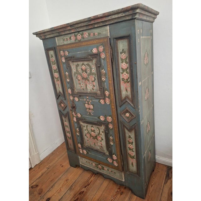 Small Antique Blue Hand-Painted Alpine Wardrobe, 1810s For Sale - Image 3 of 14