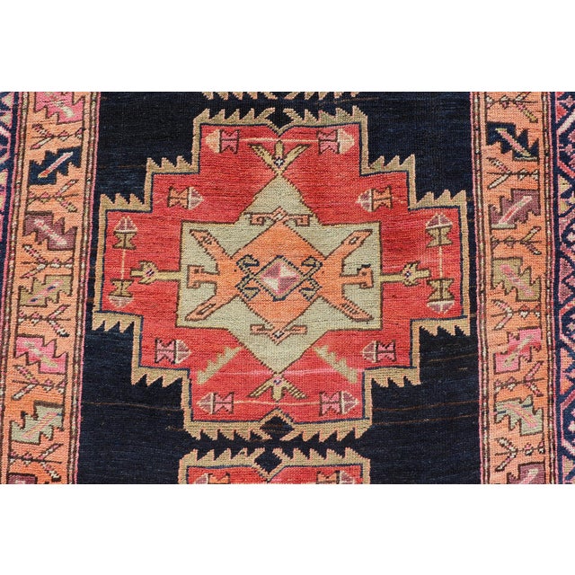 Textile Long Hand-Knotted Antique Persian Azerbaijan Runner in Wool With Medallions 3'10 X 11'2 For Sale - Image 7 of 12