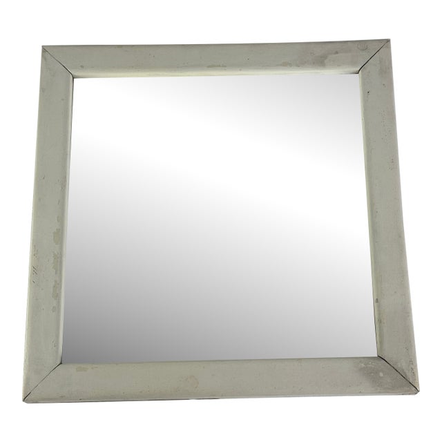 Vintage Primitive Distressed Square Wall Mirror in White Painted Wooden Frame For Sale