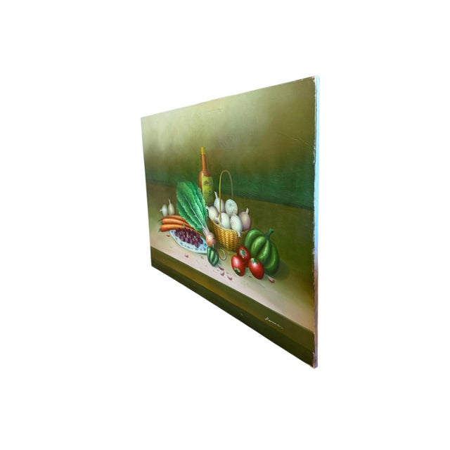 Large still life oil painting of an assortment of vegetables. Unframed and signed.