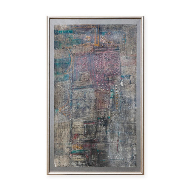William Lee Moreland "Masked Figure" Blue and Gray Toned Abstract Expressionist Textured Painting, 1961 For Sale - Image 4 of 11