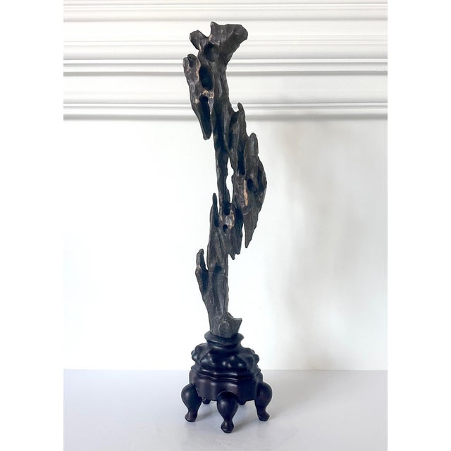 Early 20th Century Chinese Scholar Stone Tall Slender Lingbi Rock on Display Stand For Sale - Image 5 of 17