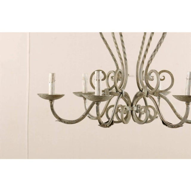 French Vintage Mid 20th Century French Painted Iron 6 Light Chandelier with S-Scrolls Neutral Grey Color For Sale - Image 3 of 7