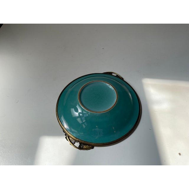 Art Deco Ceramic Dish in Turquoise Green Glaze & Brass from Christian Jensen, 1930s For Sale - Image 6 of 9
