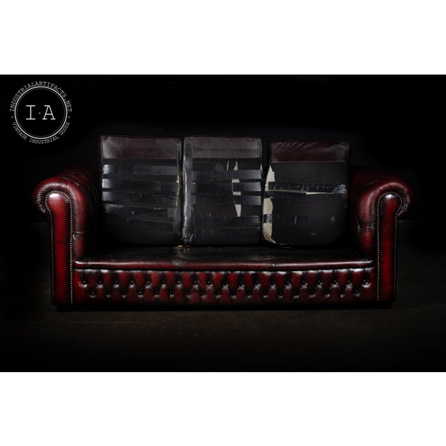 Vintage Oxblood Leather Three-Cushion Chesterfield Sofa For Sale - Image 4 of 9