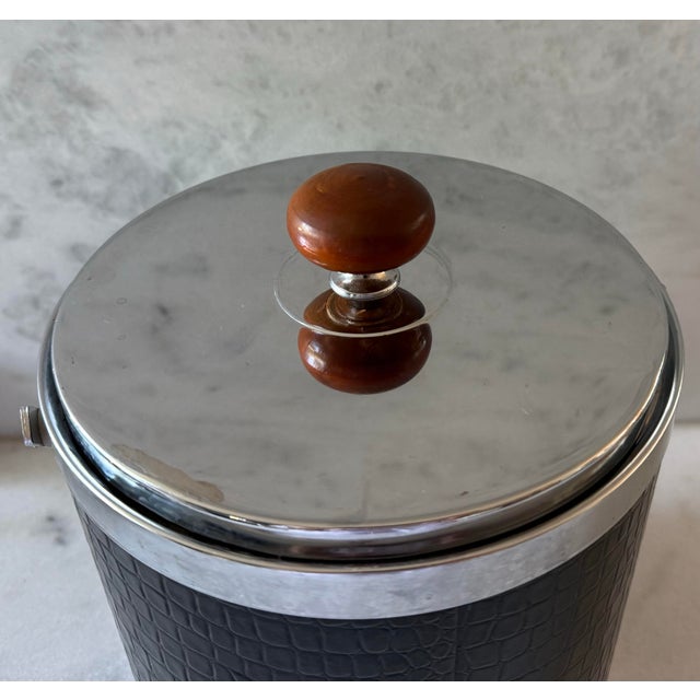 1960s Mid Century Modern Black Faux Alligator, Chrome and Wood Ice Bucket by Kromex For Sale In Austin - Image 6 of 11
