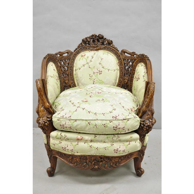 Antique Italian Regency Swan Carved Walnut French Victorian Club Lounge Chair with Green Silk Blend Upholstery. Item...