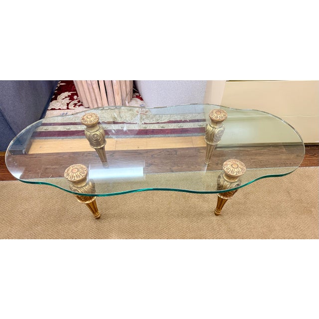 Hollywood Regency Vintage Francisco Hurtado Style Glass and Giltwood Coffee Cocktail Table For Sale - Image 3 of 6
