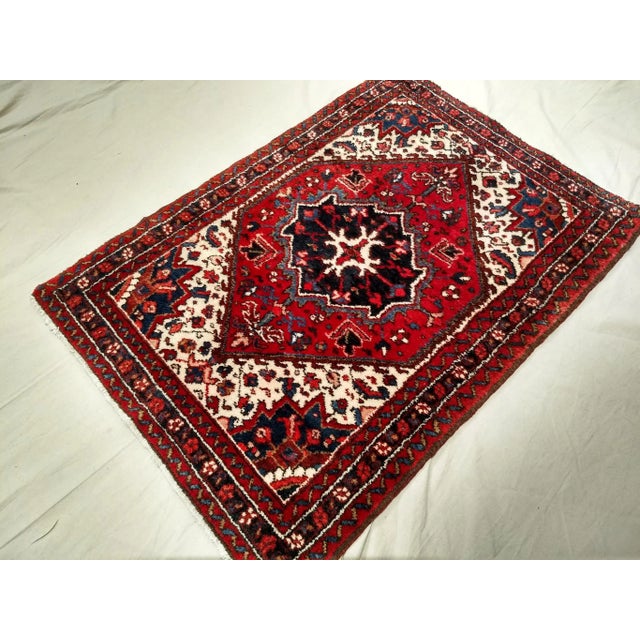 Vintage Persian Heriz Serapi Area Rug in Near Square Size in Red, Ivory, Navy For Sale - Image 9 of 9
