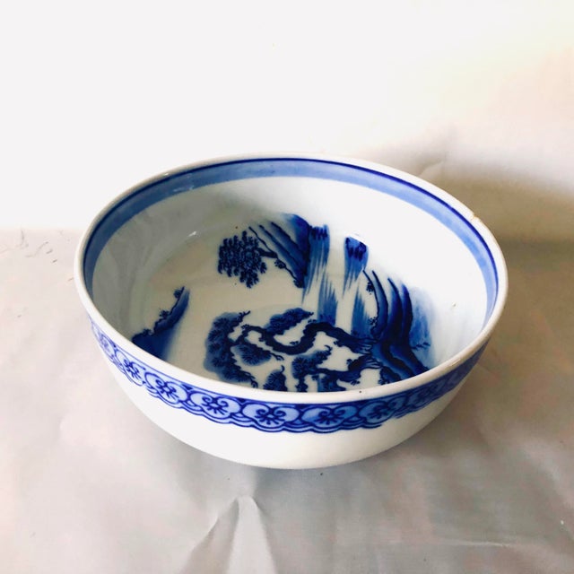 90's blue and white asian porcelain with tree pattern bowl 8"D X 3.5"H , makers mark reads Asian Letters , Excellent...