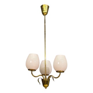 1950s Idman, Finnish Modern, Pendant Light, Brass, Pink Tinted Glass For Sale