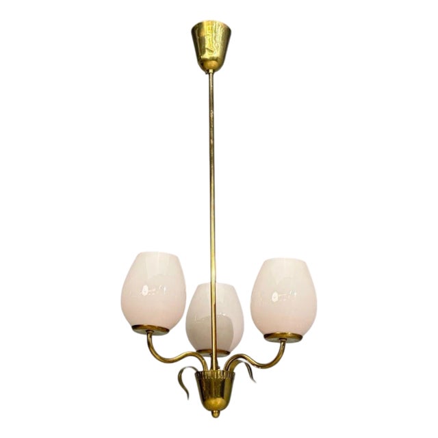 1950s Idman, Finnish Modern, Pendant Light, Brass, Pink Tinted Glass For Sale