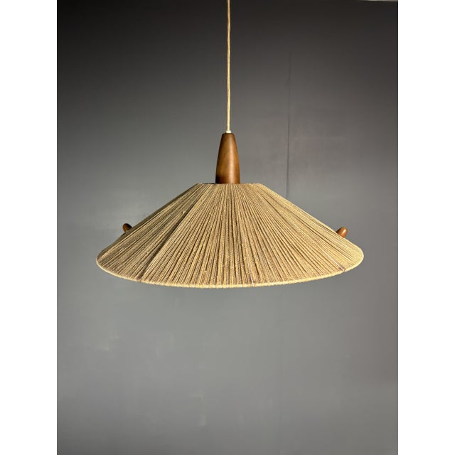 Large Mid-Century Teak and Sisal Cord Pendant Light from Temde Leuchten, 1960s For Sale - Image 4 of 11