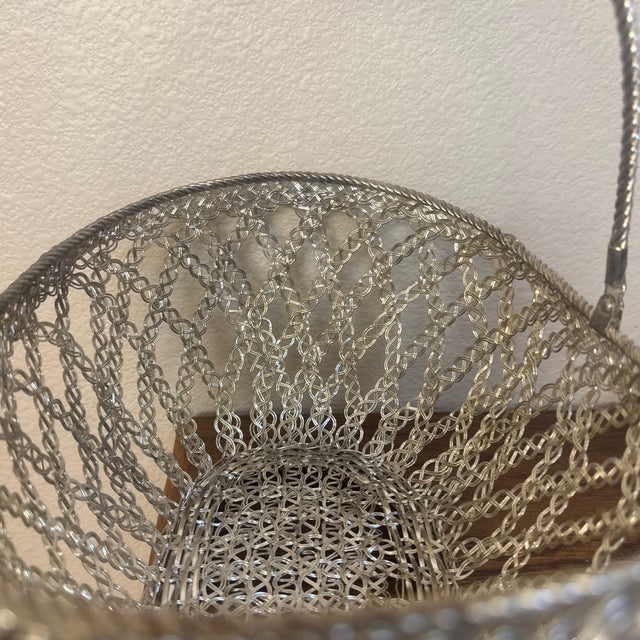 Victorian Mid-Century Modernist Woven Wirework Centerpiece Basket With Swing Handle For Sale - Image 3 of 7