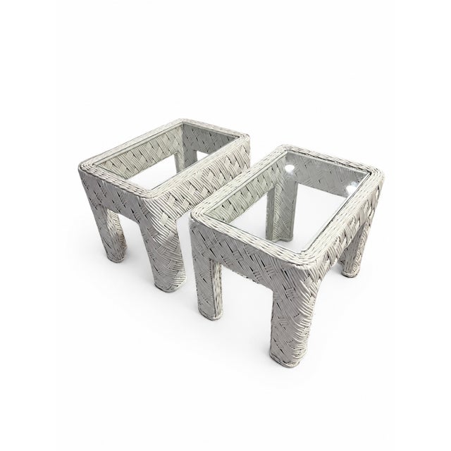 Boho Chic 1980s Coastal White Woven Rattan Glass-Top Side Tables—Pair For Sale - Image 3 of 7