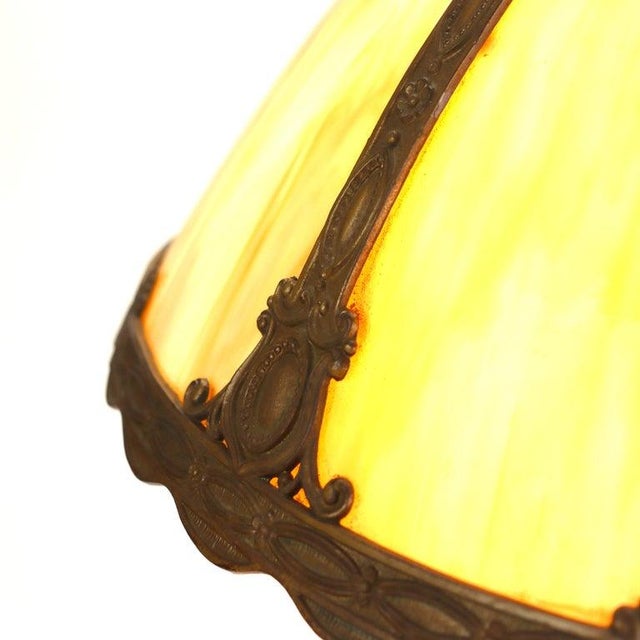 Metal Antique Bradley & Hubbard School Arts & Crafts 6 Panel Slag Glass Lamp C1920 For Sale - Image 7 of 11
