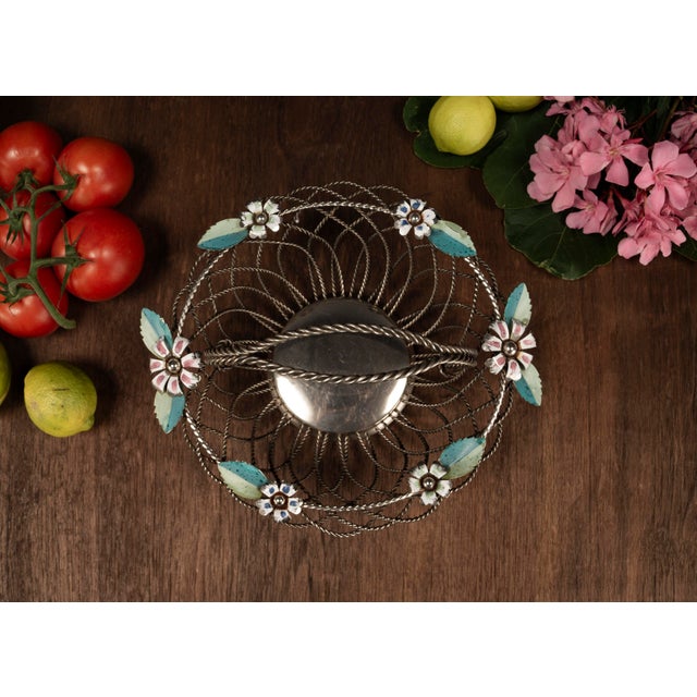 Mid-Century Modern Hollywood Regency Wire Basket with Floral Decor, 1950s For Sale - Image 3 of 10
